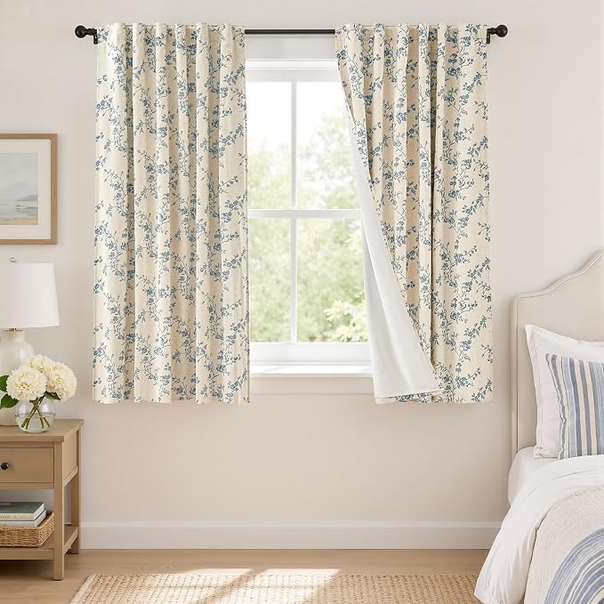 Blackout Vintage Floral Linen Curtains Blue on Beige 50×63 2 Panels | Elisa by Lazzzy