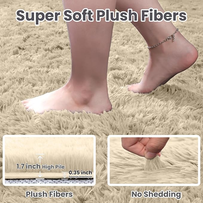2x6 Fluffy Shag Area Rugs for Living Room Bedroom: Soft Plush Carpet Beige | - Image 4