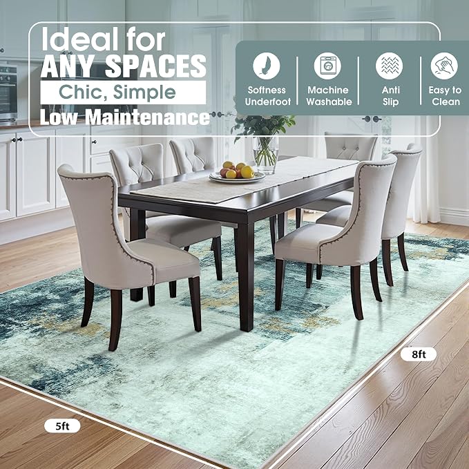 5x8 Area Rugs for Living Room Washable Bedroom Dining Room Teal Grey Gold | - Image 2