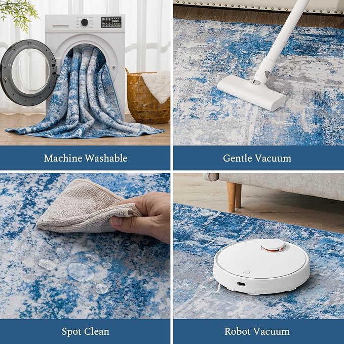 Rugflix 8x10 Area Rugs for Living Room, Washable Blue Grey Large Rug | Machine - Image 4