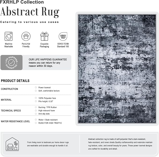 10x14 Area Rug Living Room: Modern Washable Indoor Carpet Black | - Image 2