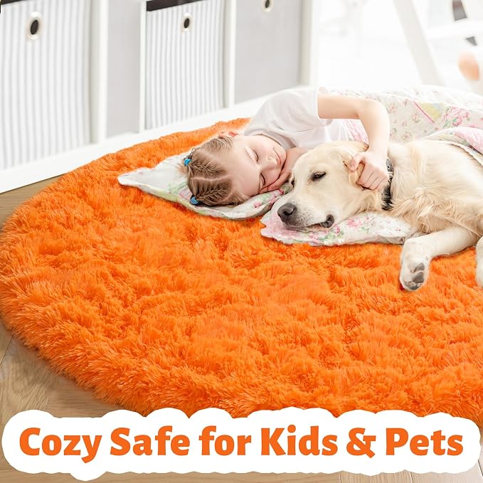 Amdrebio Orange Round Shag Kids Rug 4Ft - Image 2