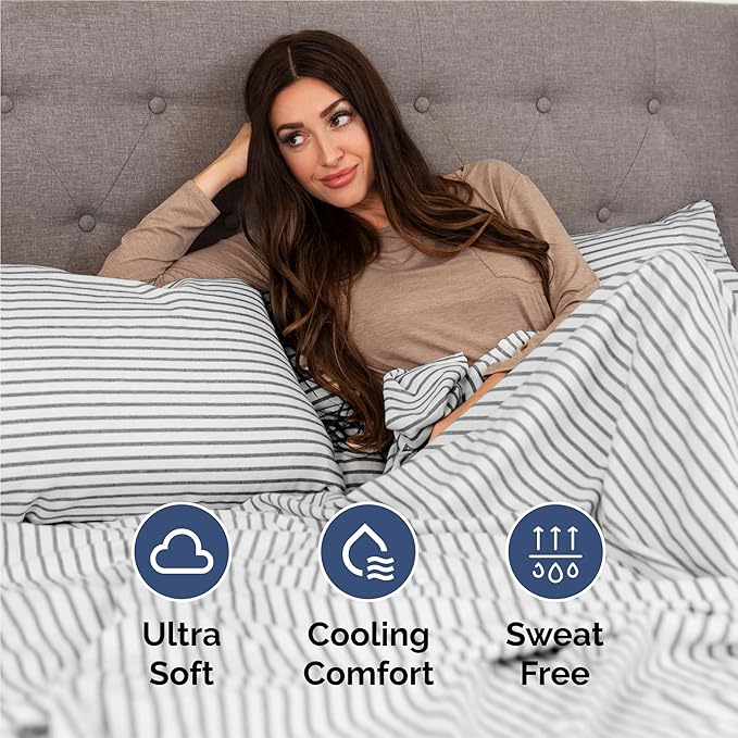 Split King 7 Piece Sheet Set - Comfy Breathable & Cooling - Soft Hotel Luxury Bedding Set w/ 8-16 Inch Deep Pockets - 1 Flat & 2 Fitted Sheet & 4 Pillowcases - Cozy and Wrinkle Free - Grey Stripes 2
