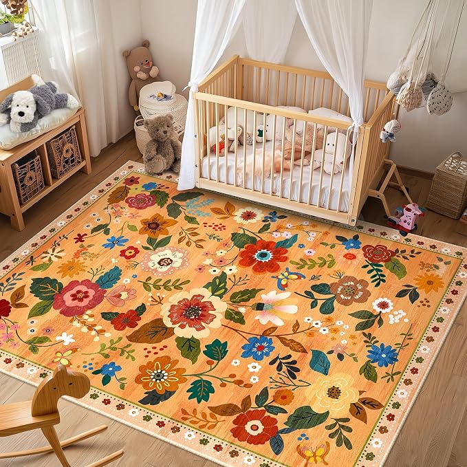 RELEANY Floral Washable 6x9 Area Rugs Yellow/Orange/Red | Flower Carpet Print - Image 2
