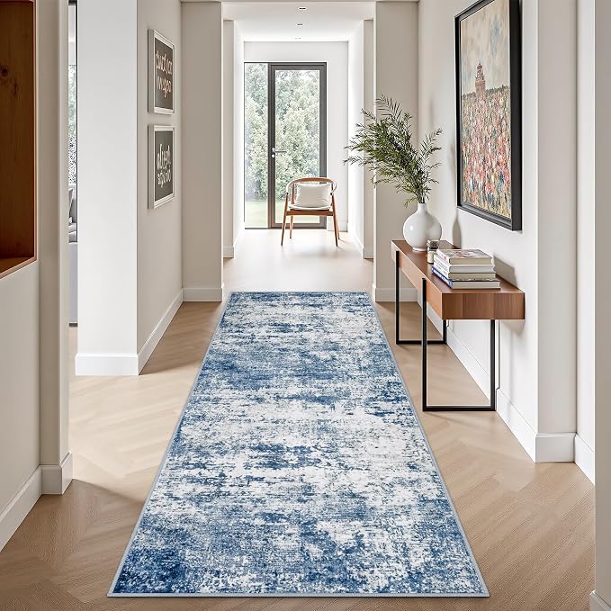 2.6x8 Washable Runner Rug：Modern Abstract Kitchen Soft Carpet Blue | - Image 3