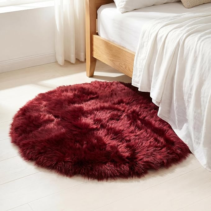 duduta Burgundy Faux Fur Sheepskin Round Rug 4x4 ft, Fluffy Shag Circle Rug | - Image 7