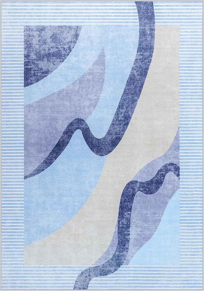 Area Rug 4x6 Blue Rug Washable Rugs Non Slip Low Pile Small Carpet - Image 7