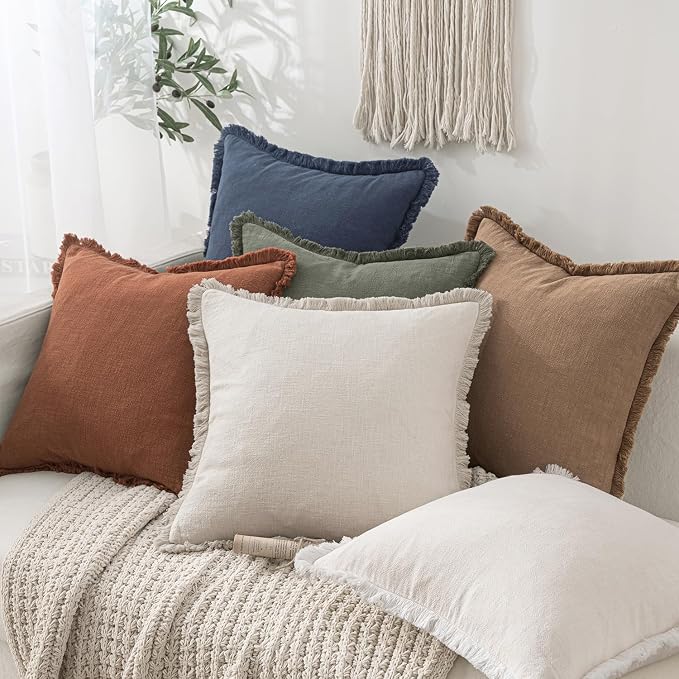MIULEE Linen Fringe Decorative Euro Pillow Covers Natural Beige 22x22 | Set of 2 - Image 6