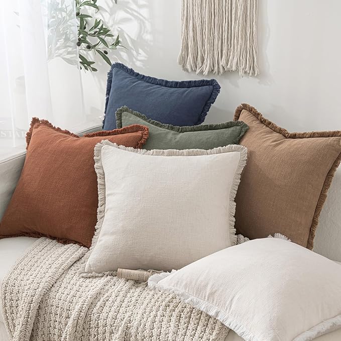 MIULEE Linen Fringe Decorative Euro Pillow Covers Natural Beige 24x24 | Set of 2 - Image 6