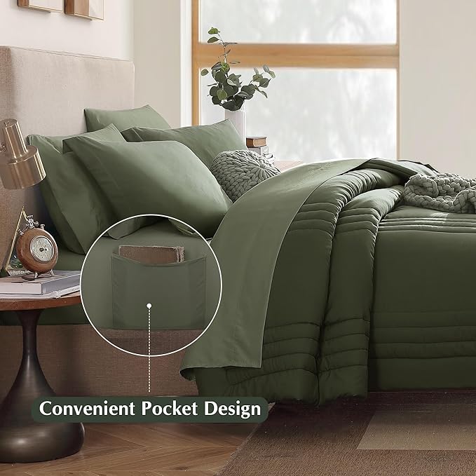 Monbix Full Comforter Set - 7 Pieces Olive Green Bed in a Bag Full Size Bedding Sets with Comforters, All Seasons Down Alternative Comforter with Sheets,Pillowcases & Shams
