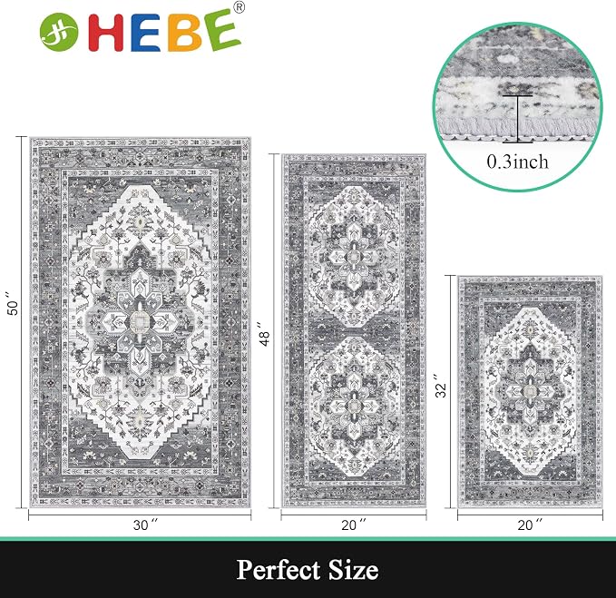 HEBE Boho Kitchen Rugs Set of 3, Non Slip Washable Kitchen Mats - Image 2