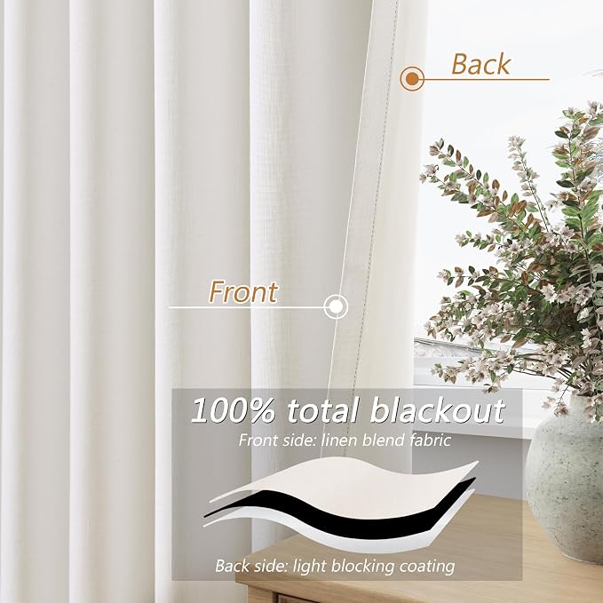 Ivory 100% Blackout Linen Curtains 92 Inch Length 2 Panels Set - Image 4