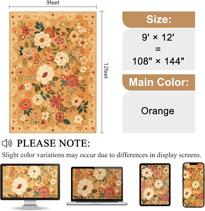 DUKINO 9x12 Area Rug for Living Room, Floral Washable Rug Non Slip, Low Pile - Image 2