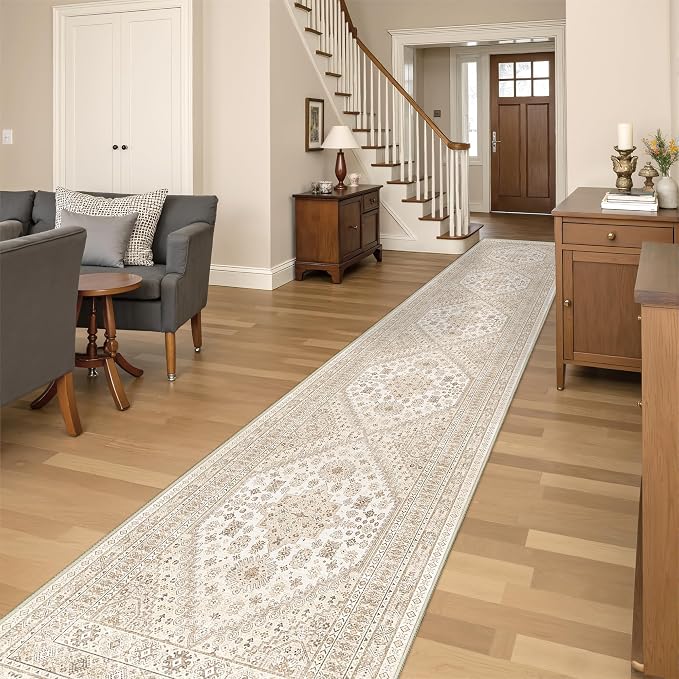 Washable Runner Rug 2.5x14, Long Kitchen Rugs Non-Slip, Cream/Beige | Vintage - Image 4