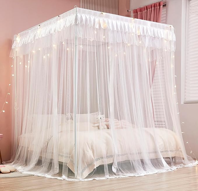 Mengersi Princess 4 Corners Post Bed Curtain Canopy Mosquito Net Princess Canopies (White, Full)