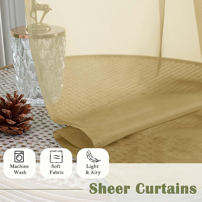 Gold Sheer Curtains 108 Inches Long 2 Panels, Dual Rod Pocket Light Filtering - Image 8