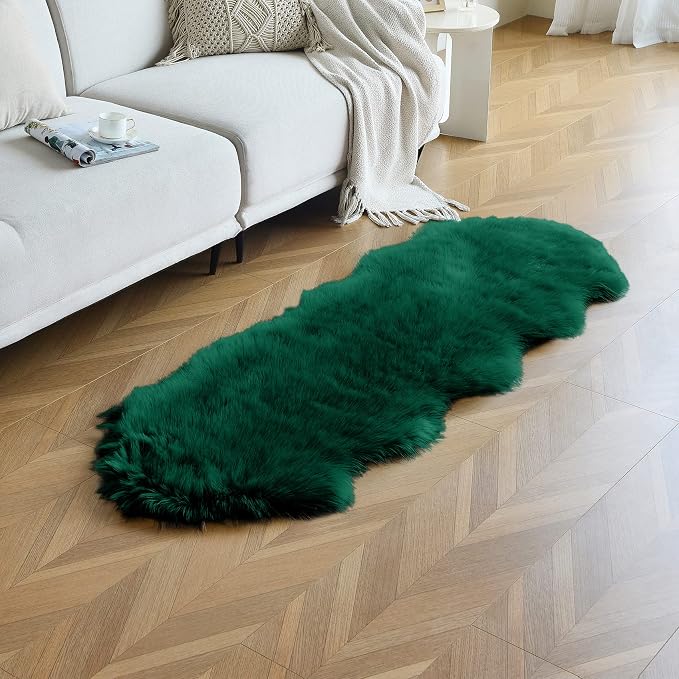 Emerald Green Faux Sheepskin Runner Rugs 2x6 ft, Fluffy Fur Couch Covers | Shag - Image 5