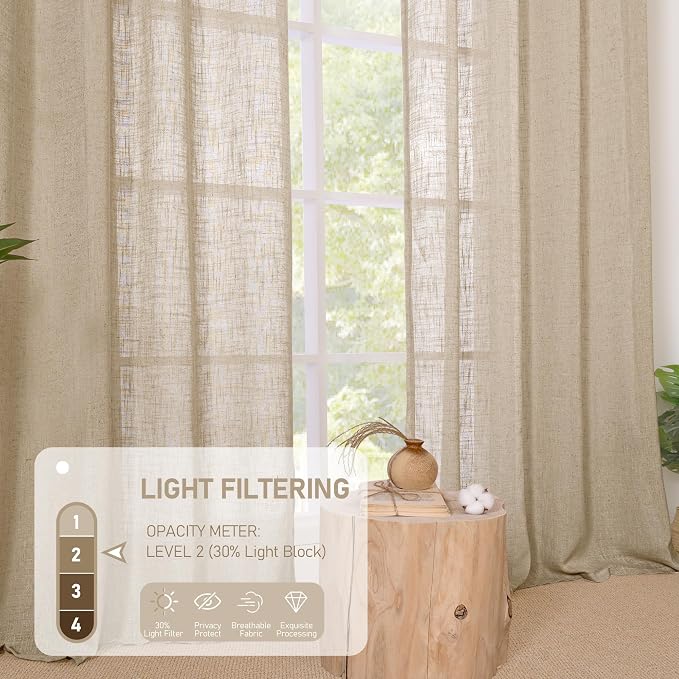 Linen Curtains 63 inch Length for Living Room, Linen Light Filtering Boho Semi - Image 4