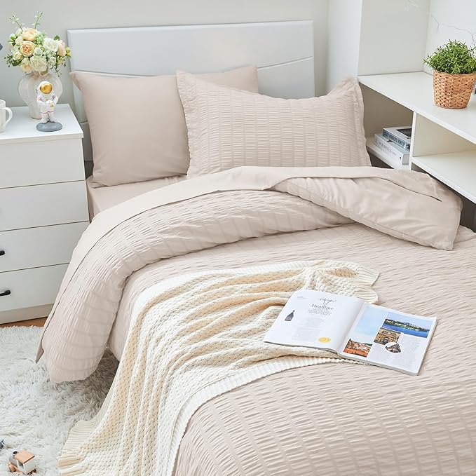 HYMOKEGE Beige Twin XL Comforter Set Seersucker 5 Pieces, All Season Luxury Bed in a Bag for Bedroom, Bedding Set with Comforter, Sheets, Pillowcase & Sham