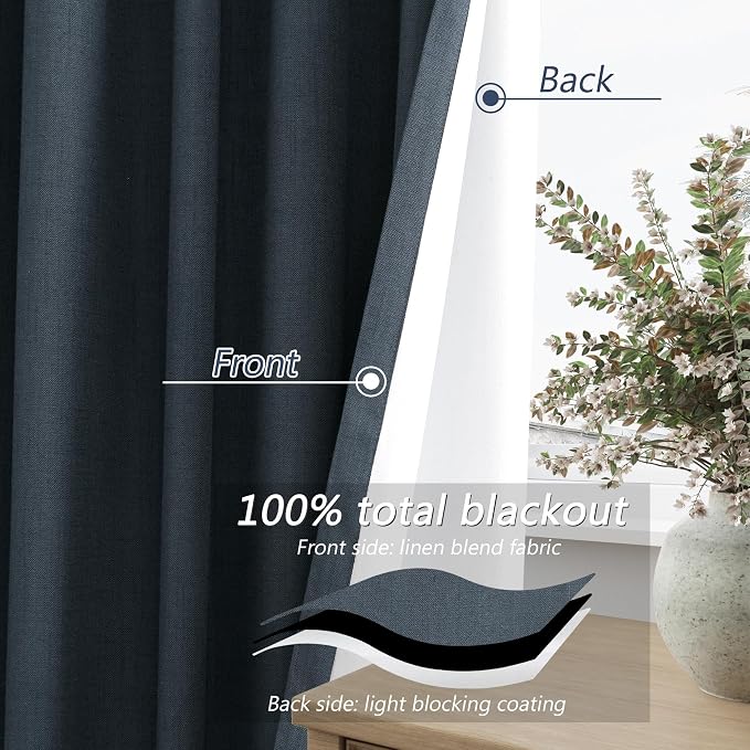 Vintage Blue 100% Blackout Linen Curtains 72 Inch Length 2 Panels Set - Image 4