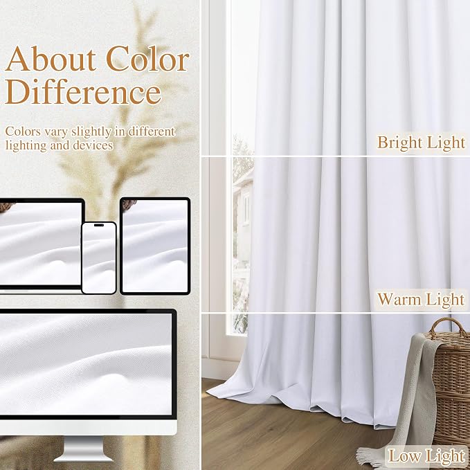 White 100% Blackout Linen Curtains 144 Inch Length 2 Panels Set - Image 7
