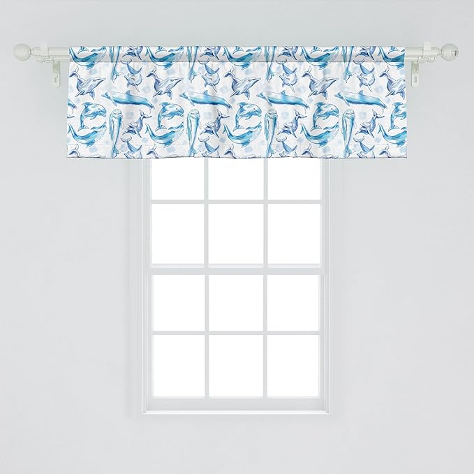 Ambesonne Sea Animals Window Valance, Sketch of Bottlenose Dolphins Playing Laughing in The Ocean Sea Life Print, Curtain Valance for Kitchen Bedroom Decor with Rod Pocket, 54" X 18", Turquoise White