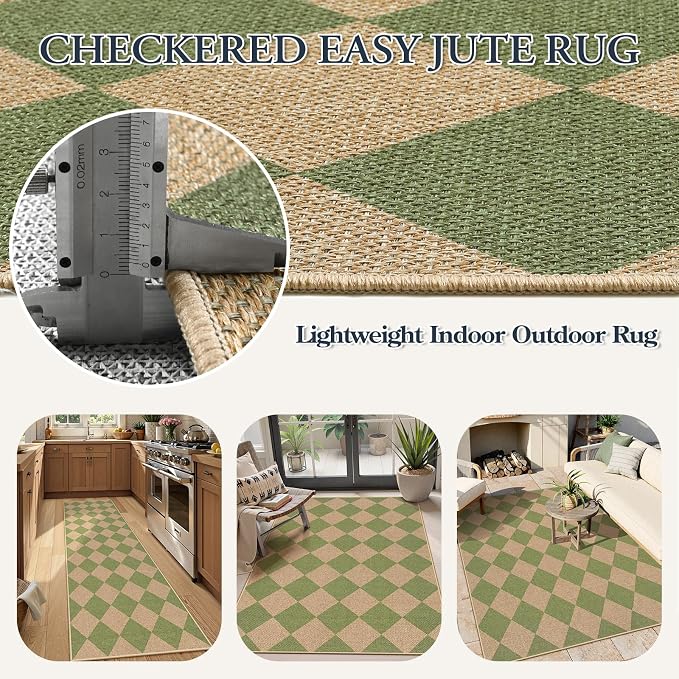 Lahome Checkered Easy Jute Hallway Runner Rug, 2x8 Outdoor Rugs Washable | - Image 6