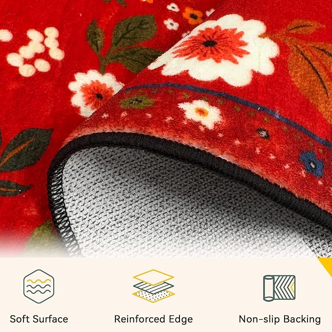 Floral Washable 5x7 Area Rugs Red/Orange | Flower Carpet Print Boho Cute Non - Image 3