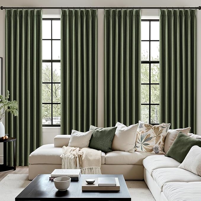 MIULEE Olive Green Pinch Pleated 100% Blackout Linen Curtains 40x63 Inches | - Image 7