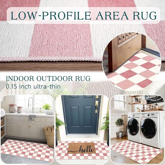 Front Door Mat Indoor Entrance, 2x4.3 Cute Pink White Checkered Rug | Non-Slip - Image 4