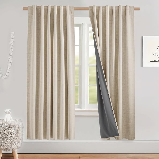 NICETOWN Beige Bedroom Full Blackout Linen Curtains, Thick Insulated Classic - Image 2