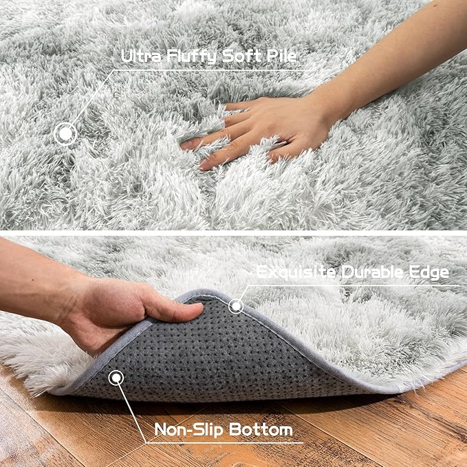 Fluffy Small Rug for Bedroom 2x3 Feet, Shag Soft Area Rug, Tie Dye Grey | - Image 5