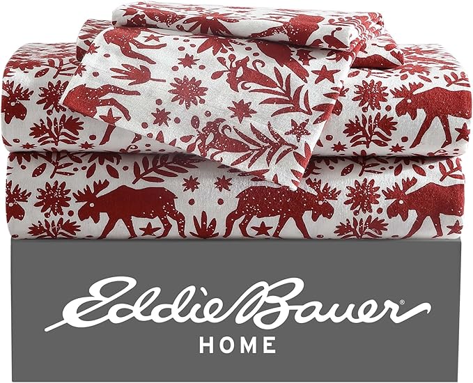 Eddie Bauer 4 Pc Flannel Sheets Full Size - 100% Cotton Breathable & Soft Full Size Bed Sheets Set (1 Flat, 1 Flannel Fitted Sheet, 2 Pillowcases) - 15" Deep Pocket All Seasons Sheet Set (Arcadia Red)