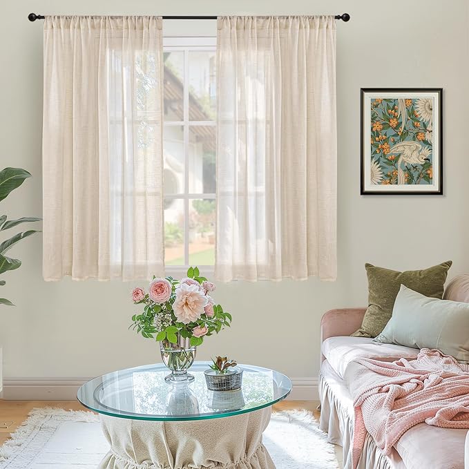BGment Tan Linen Curtains 45 Inch Length 2 Panels, Burlap Semi Sheer Drapes | - Image 2