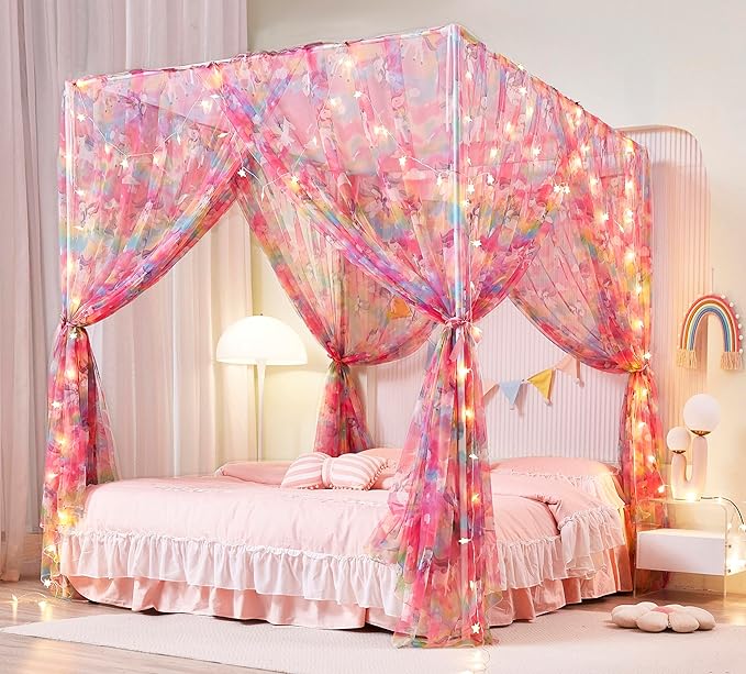 Mengersi Unicorn Bed Canopy for Girls Canopy Bed Curtains with Lights-Canopy for Bed - Bed Netting Canopy for Girls,Princess Canopy for Girls Room Decor,Twin Size