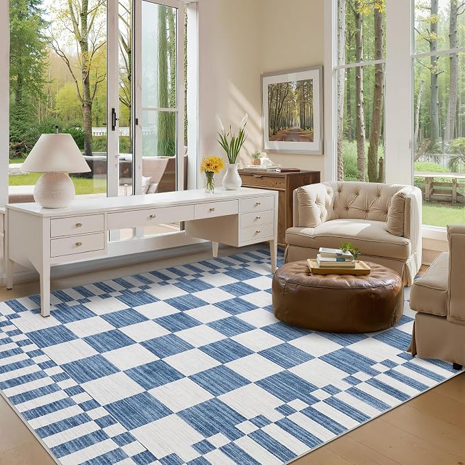 GarveeHome 8x10 Area Rugs Geometric Washable Modern Dark Blue Checkered Rug | - Image 3