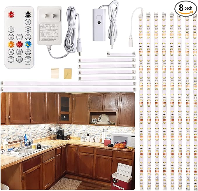 WOBANE Under Cabinet Lights, Kitchen LED Lighting Kit, 8 PCS 20inch LED Strip Light Bars with 24W Plug, RF Remote, Dimmable for Under Counter, Cupboard, Shelf, Showcase, Desk 6500K White,1900LM,13ft