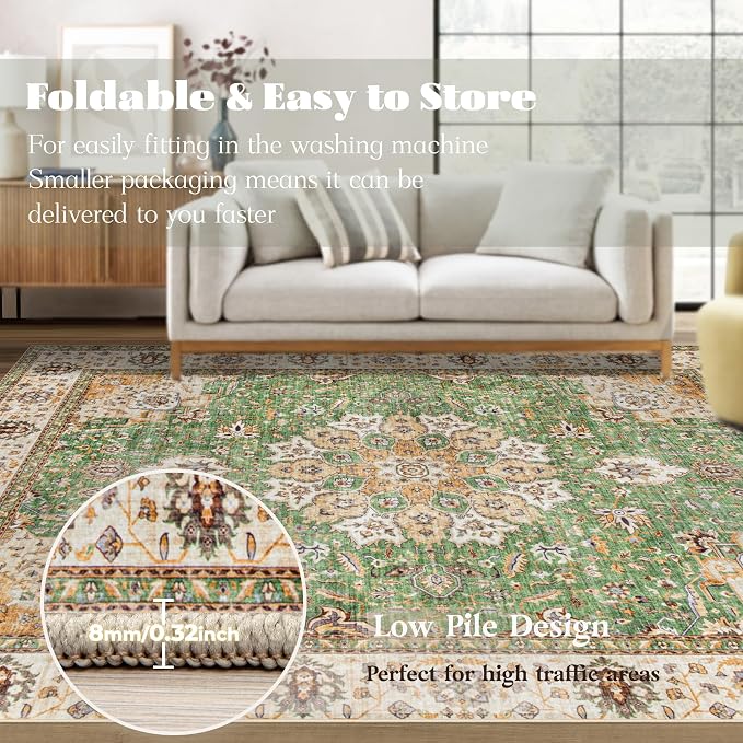 Area Rug 8x10 Washable Rug, Vintage Boho Medallion Rugs Non-Slip Soft Low Pile - Image 6