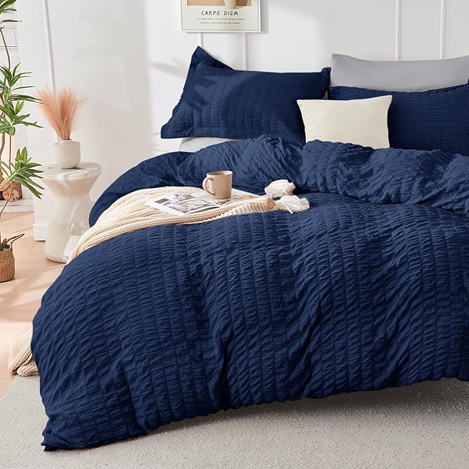 HYMOKEGE Navy Blue/Light Grey Full Size Comforter Sets Seersucker 7 Pieces, All Season Luxury Bed in a Bag for Bedroom, Bedding Set with Comforter, Sheets, Pillowcases & Shams