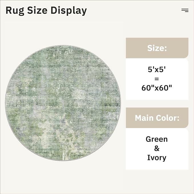 Soalmost Abstract 5x5 Round Rug 5ft Circle Living Room Rugs, Low Pile Stain - Image 5