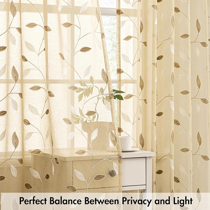 MIULEE Beige Sheer Curtains 2 Panels Embroidered Leaf Patterned, W52 x L96 | - Image 5