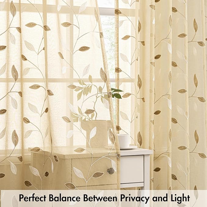MIULEE Beige Sheer Curtains 2 Panels Embroidered Leaf Patterned, W30 x L24 | - Image 5