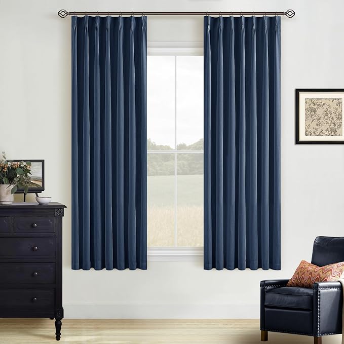 Navy Blue 100% Blackout Pinch Pleated Linen 63 Inch Curtains - Image 8