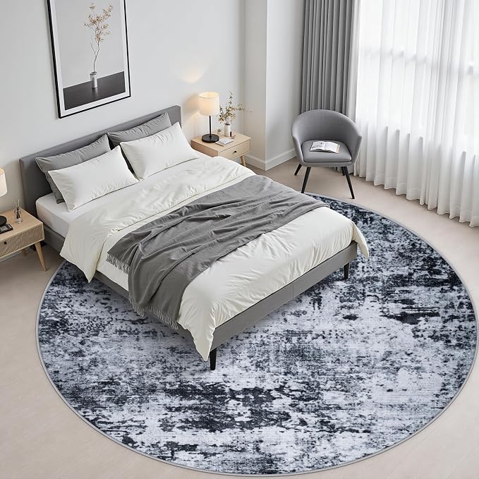 Round Area Rug Living Room: 6 ft Modern Washable Carpet Black | - Image 3