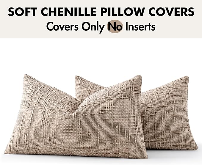 MIULEE Chenille Textured Lumbar Throw Pillow Covers Oatmeal 12x20 Set of 2 | - Image 7