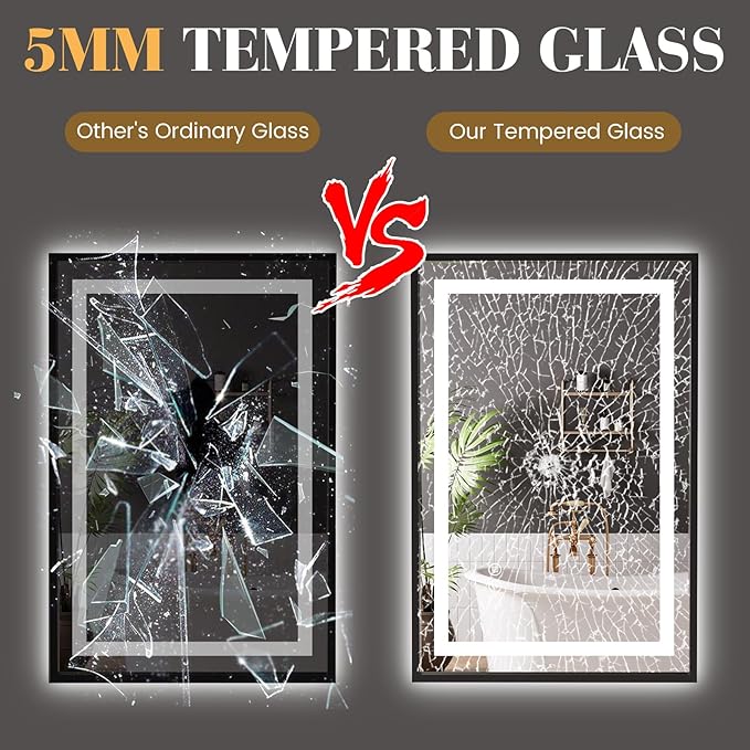 LED Bathroom Mirror,24"x36" Mirror with Black Frame, Front Light and Backlit, Stepless Dimmable, Anti-Fog, Shatter-Proof, Memory, 3 Colors, Double LED Vanity Mirror