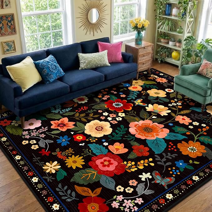 RELEANY Floral Washable 7x9 Area Rugs Black | Flower Carpet Print Boho Cute Non by RELEANY
