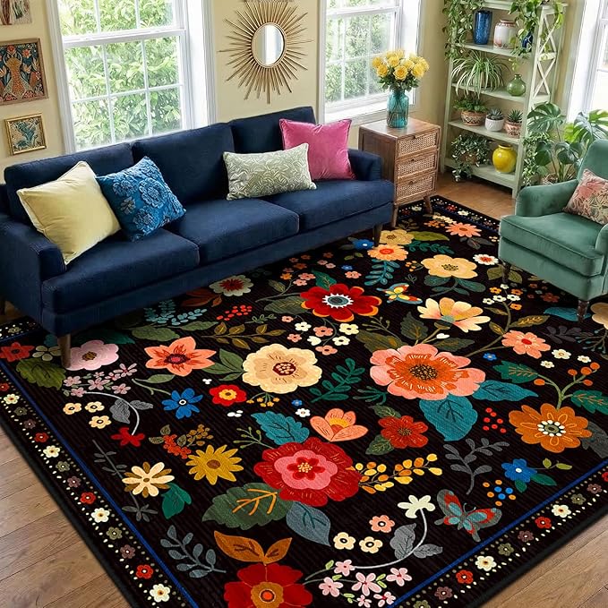 RELEANY Floral Washable 8x10 Area Rugs Black | Flower Carpet Print Boho Cute by RELEANY