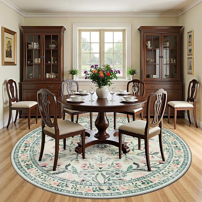 PLHXFR Round Area Rug Living Room: 8 ft Floral Washable Carpet Green Beige | - Image 3