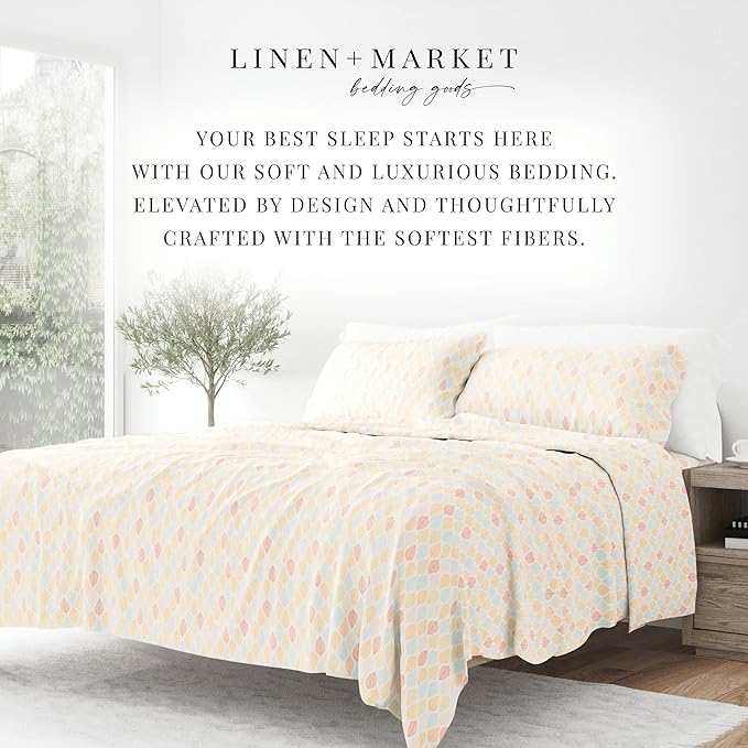 Linen Market Double-Brushed Patterned Microfiber California King Sheet Set 4 Piece – OEKO-TEX Certified Ultra Soft & Wrinkle-Free - 16" Deep Pocket Sheets Easy Care Cal-King Size - Fall Foliage Yellow